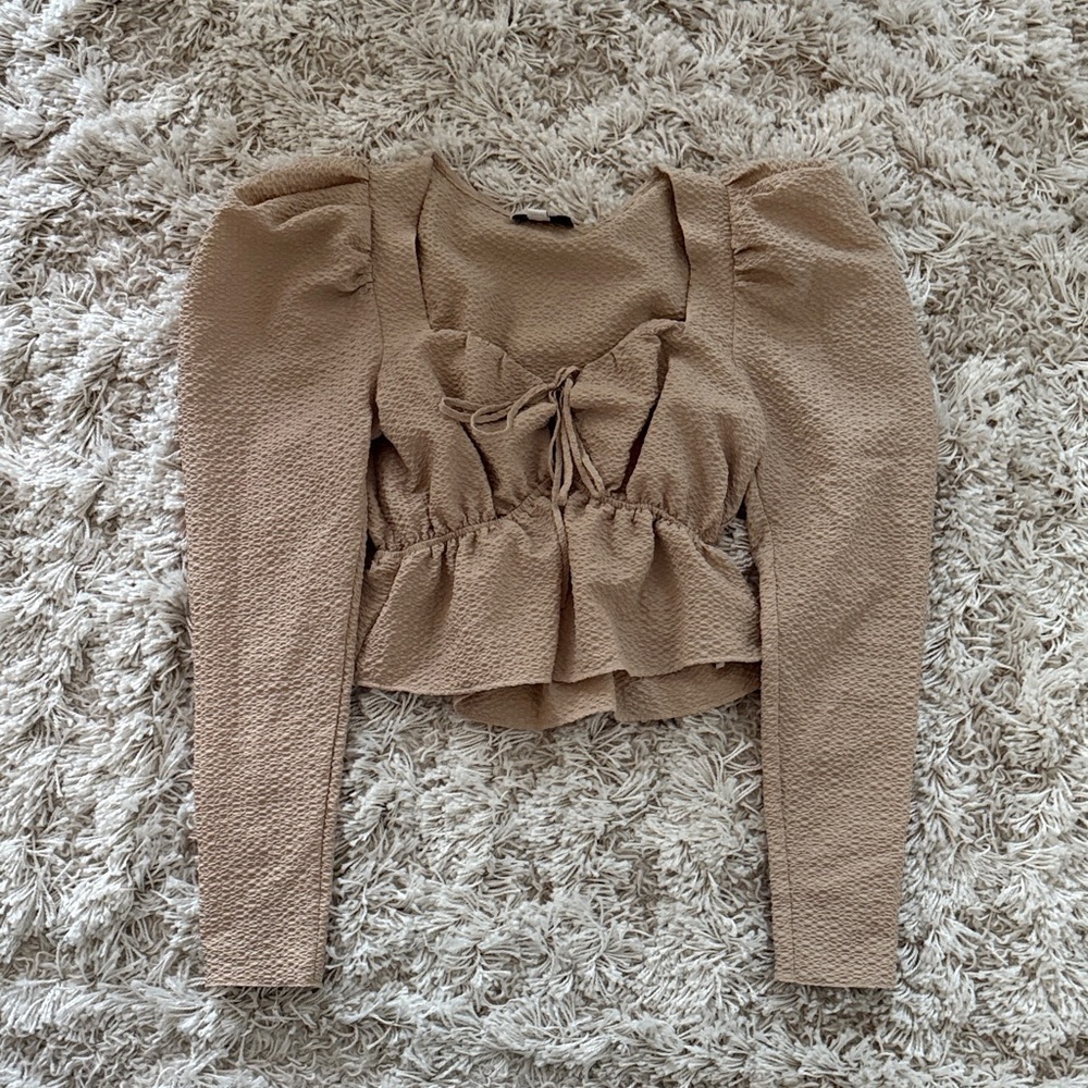 Topshop Tan Peplum Sweetheart Neckline Puff Sleeve Crop Top Size 4